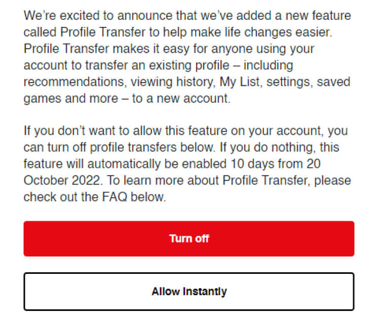 turn on netflix account transfer