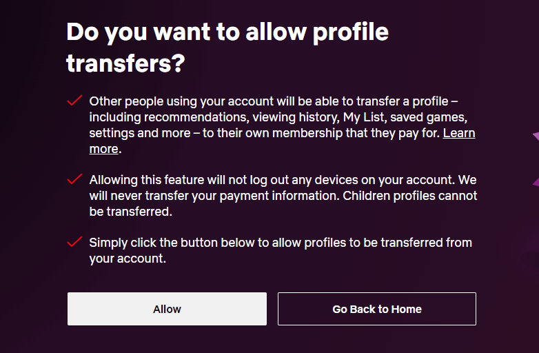 turn on transfer netflix profile